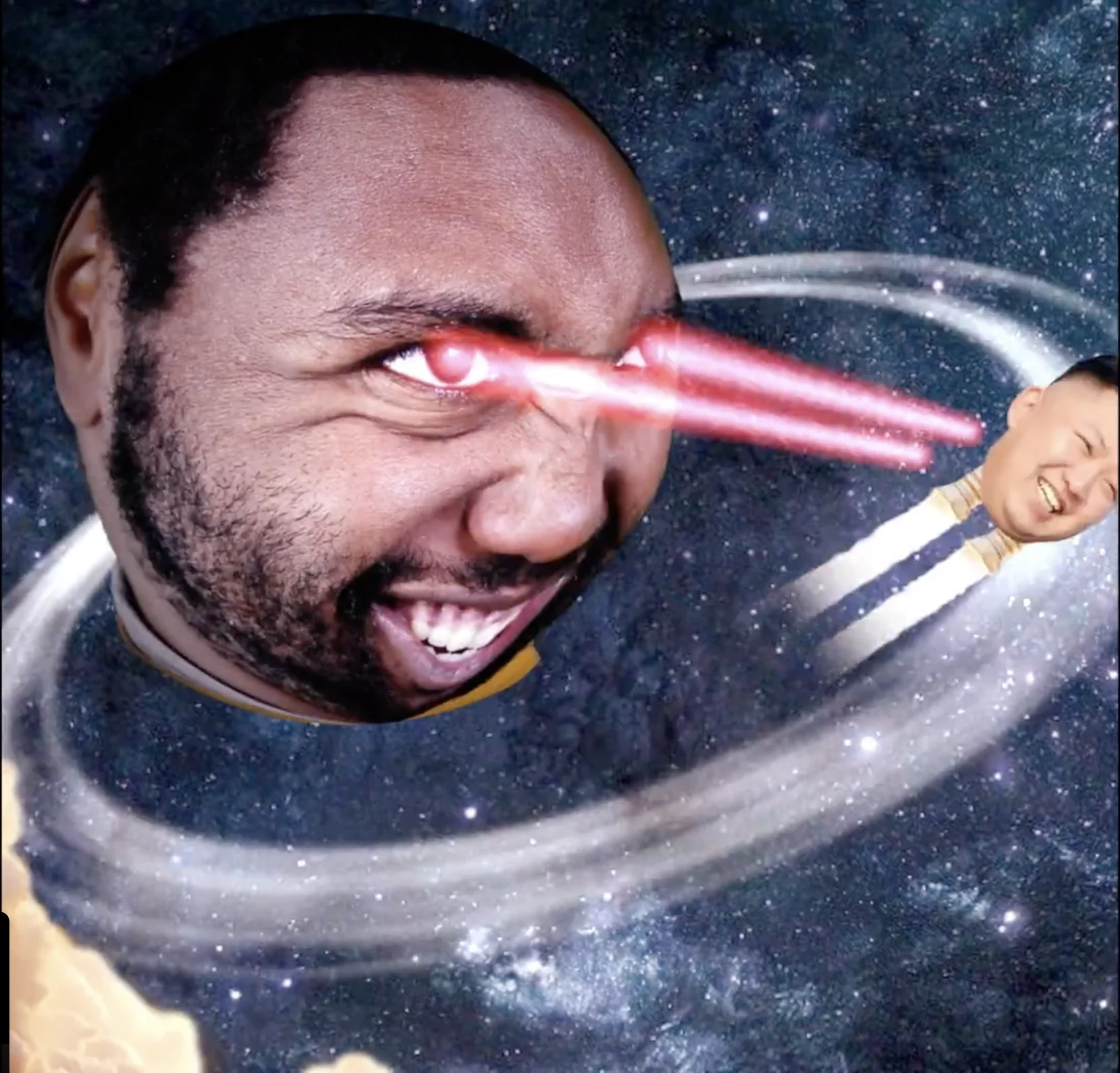 A grinning head with glowing red eyes spins through space