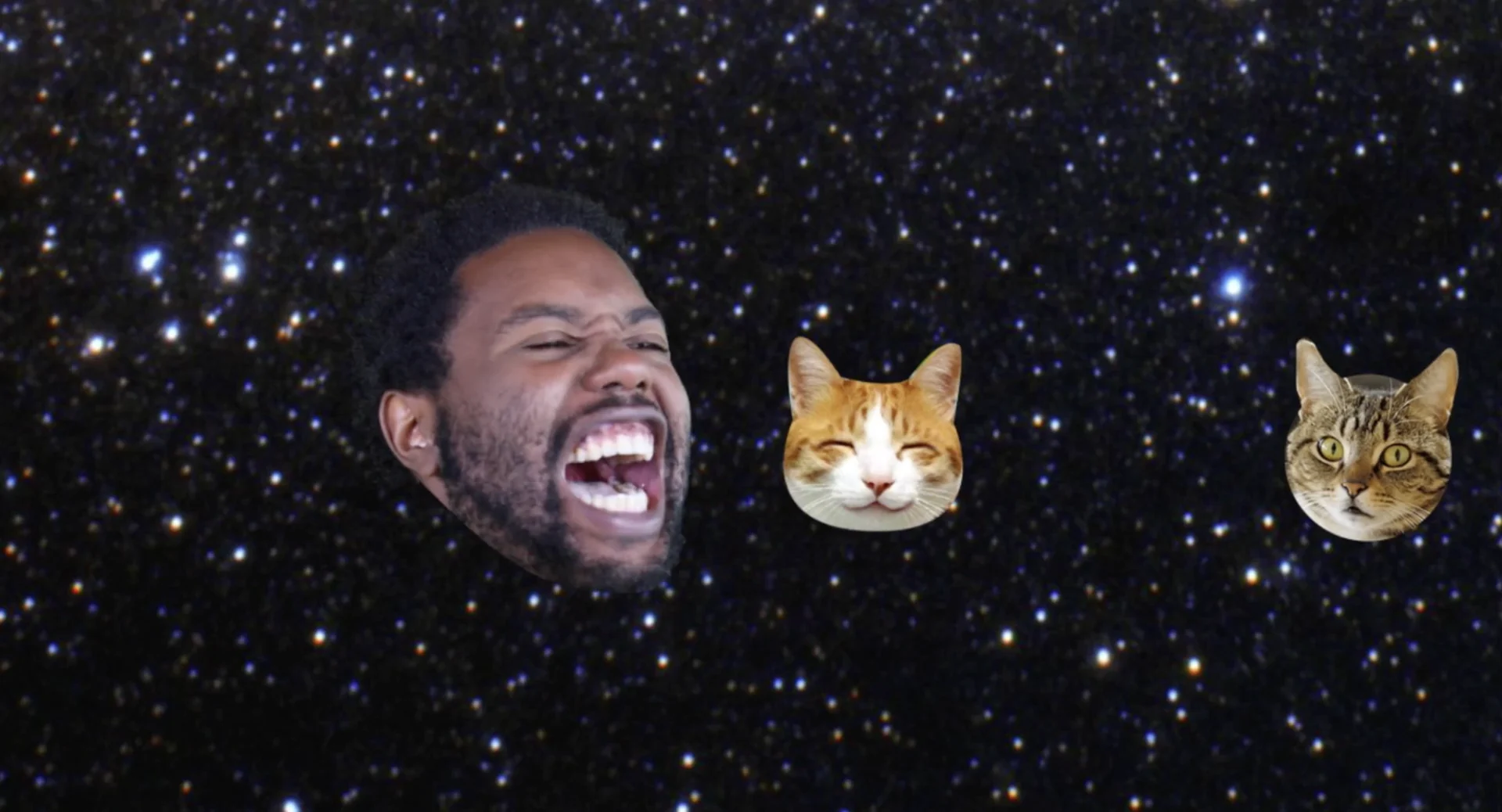 A laughing head and two cat faces float among the stars