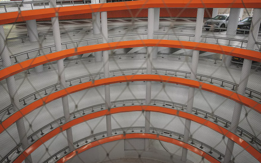 Orange ramps inside a multi storey car park