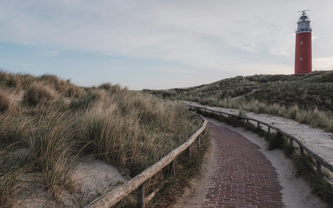 A path through the dunes of Texel with a red lighthouse