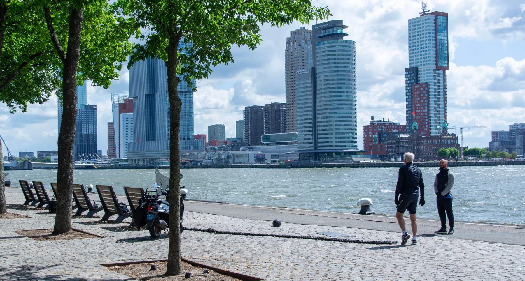 People walking along the Maas with the Rotterdam skyline